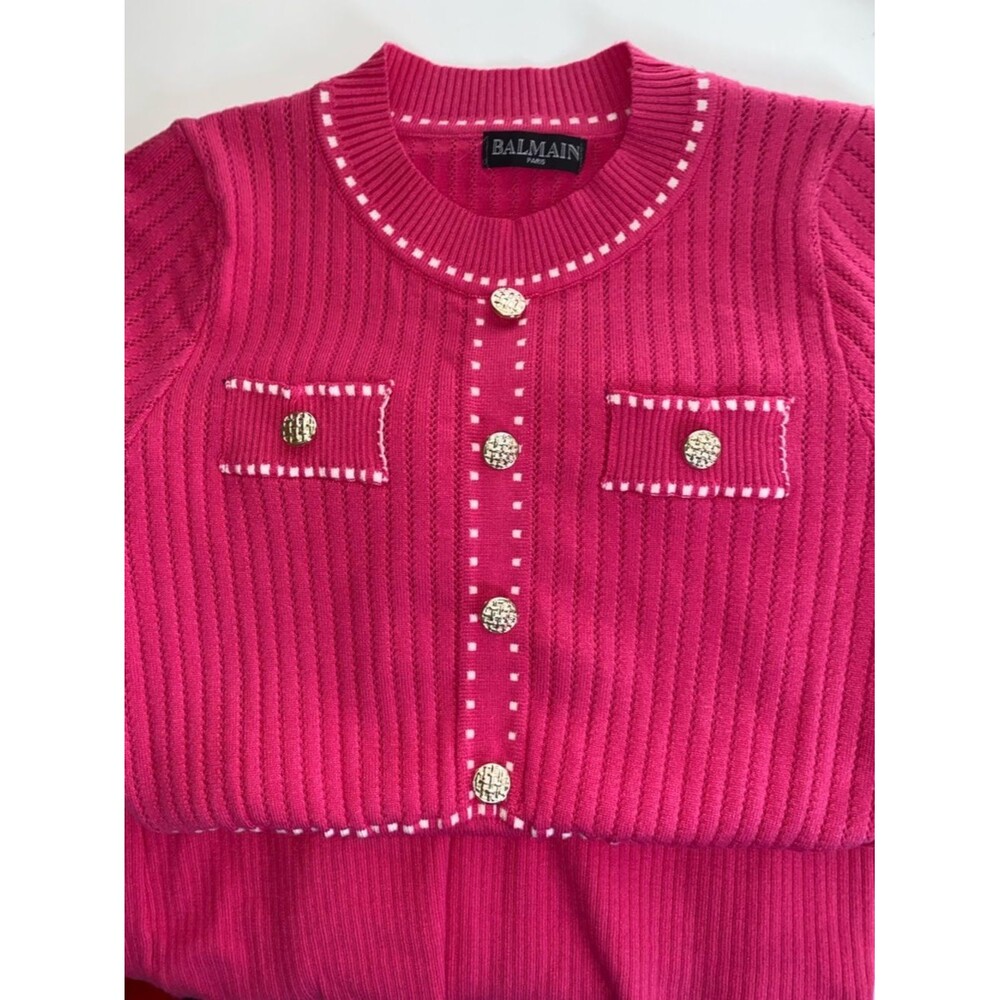 BALMAIN Paris Hot Pink White Knit Pull on Bodycon Style Dress - Picture 4 of 11